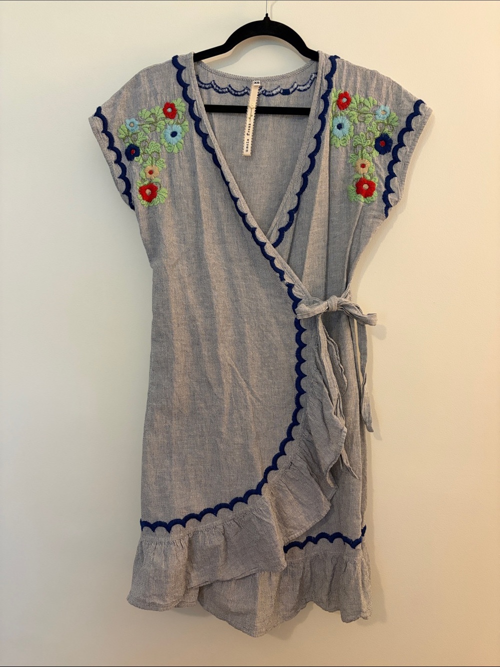 Light Blue Embroidered Wrap Dress with Navy Trim